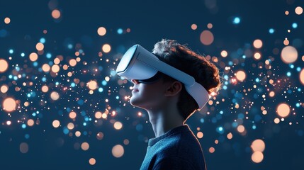Wall Mural - a person wearing a vr headset immersed in a virtual world, with glowing lines and data points surrou