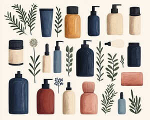 Wall Mural - A colorful arrangement of cosmetic bottles and tubes surrounded by decorative leaves, showcasing a natural and aesthetic beauty theme.