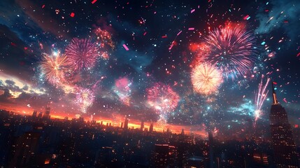 Aufkleber - Spectacular firework display bursting with vibrant colors and dazzling lights illuminating the night sky over a majestic urban landscape