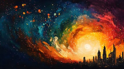 Poster - Striking and Mesmerizing Cosmic Explosion in a Vibrant Celestial Landscape with Swirling Nebulae Glowing Stars and a Dynamic Surreal Atmosphere