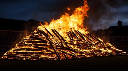 Poster - Towering Bonfire Blazing with Bright Flames and Glowing Embers Under the Starry Night Sky in a Rural or Countryside Setting