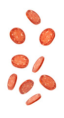 Wall Mural - pepperoni falling down PNG. Pepperoni slices flying isolated. pizza topping pepperoni salami for culinary graphics PNG