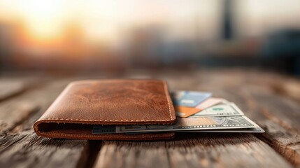 Wall Mural - A vintage leather wallet overflowing with various denominations of banknotes, credit cards, and a passport, signifying travel, wealth, and financial freedom.