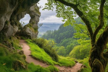 Wall Mural - A serene forest pathway winding through lush greenery, inviting exploration and reflection amidst nature's beauty and tranquility.
