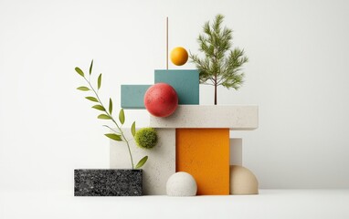 Abstract arrangement of colorful geometric shapes and plants on a clean background for creative design projects