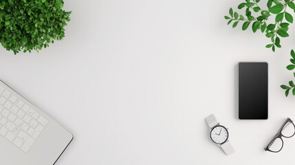Wall Mural - a minimalist workspace features a laptop, smartphone, and smartwatch arranged neatly on a desk, show