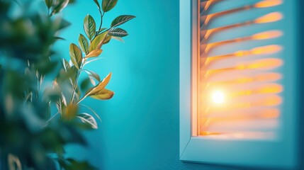 Wall Mural - a view through a window into a smart home at night, with automated blinds closing and soft lighting 