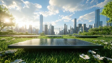 Wall Mural - a city park with benches equipped with solar panels and charging stations, emphasizing sustainabilit