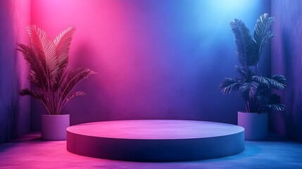 Aufkleber - Vibrant neon lit abstract background with tropical palm leaves and a minimalist podium platform creating a dramatic and captivating display for premium product showcasing or promotional content