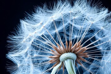 Poster - Detailed close-up of a dandelion seed head illuminated against a dark background