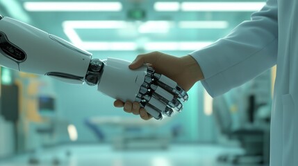 Leinwandbilder - A robotic hand shakes hands with a human hand, symbolizing collaboration between technology and humanity in a modern laboratory setting.