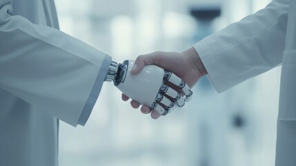 Poster - A human hand shakes a robotic hand, symbolizing collaboration between technology and humanity in a futuristic setting.