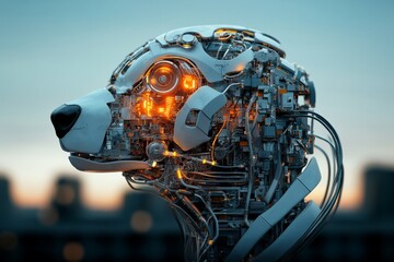 Robotic bear head design showcases intricate circuitry and glowing elements in futuristic urban setting