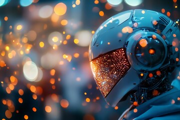 Wall Mural - Futuristic robot with illuminated visor surrounded by colorful bokeh lights in a modern setting at night