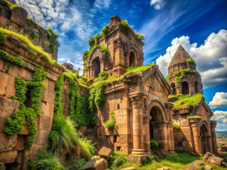 Ancient sandstone ruins covered in lush greenery under bright sky