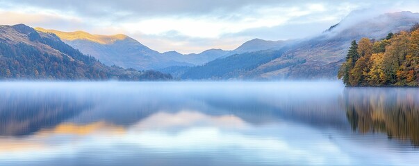 Sticker - Calm alpine lake reflects misty surroundings at dawn, creating a mirror effect with soft pastel colors and ethereal mountain backdrops.