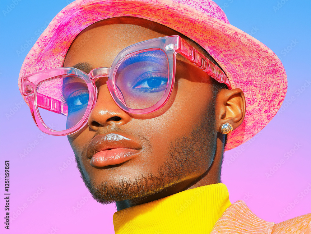 Close-up of a man wearing pink transparent sunglasses and a pink hat ...
