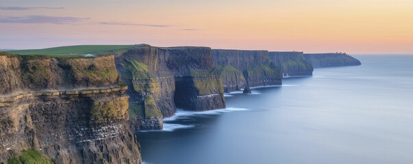 Sticker - Coastal evening glow reveals stunning twilight over cliffs, dramatic sky shifting from bright orange to deep indigo, waves crashing against rocks.