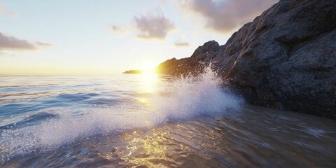 Sticker - Coastal wave dynamics crashing against rocky cliffs at sunset, creating vibrant sprays of water and golden reflections on wet surfaces.