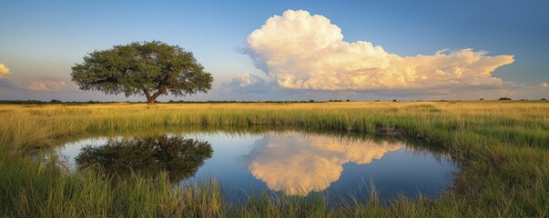 Sticker - Golden hour clouds reflected in tranquil pond, highlighting vibrant shades and patterns that evoke tranquility and awe in natural beauty.