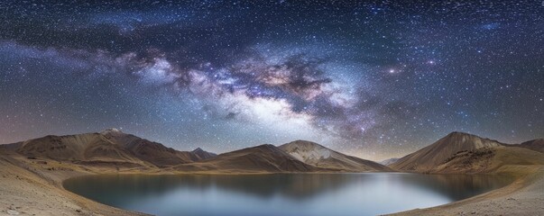 Sticker - Starry night over mountains with vivid constellations illuminating dark skies, reflecting on shimmering lake waters below for serene atmosphere.