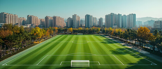 Wall Mural - Urban soccer field, cityscape backdrop