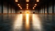 © Freshpixel - An empty warehouse illuminated by ambient lighting creates a tranquil perspective, showcasing sleek floors and vast space ideal for various industrial applications.