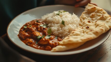 Tasty Indian curry served with basmati rice and naan on a wooden table in a cozy restaurant setting during lunch