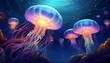 © Desmon - A surreal underwater wallpaper featuring glowing, bioluminescent jellyfish.