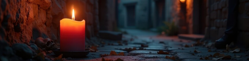 Flickering candlelight illuminates a skull-adorned gothic candle in a dark alley , atmosphere, candle, decay