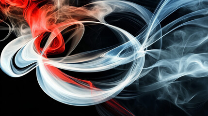 Poster - Dynamic abstract background with flowing smoke and elegant curved lines in red, white, and blue on a deep black backdrop. Modern digital design for technology, energy, and artistic compositions.