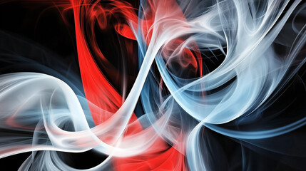 Poster - Dynamic abstract background with flowing smoke and elegant curved lines in red, white, and blue on a deep black backdrop. Modern digital design for technology, energy, and artistic compositions.