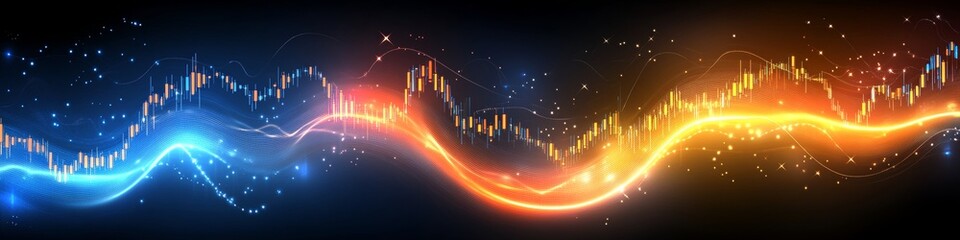 Abstract glowing forex trading chart, neon orange and blue candle graph, financial market analysis