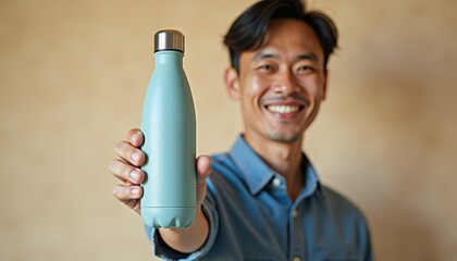 Aufkleber - Asian man showcasing branded water bottle mockup on neutral background