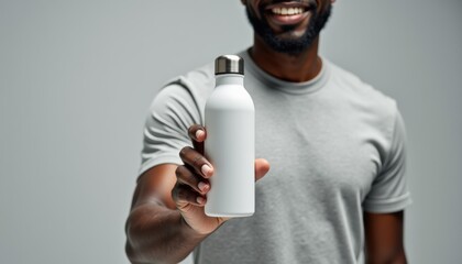 Aufkleber - African-American man holding sleek water bottle mockup on gray background