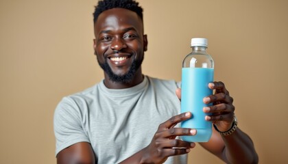 Aufkleber - African-American man holding water bottle mockup on neutral background