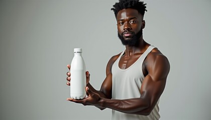 Aufkleber -  African-American man in activewear presenting water bottle mockup on neutral backdrop