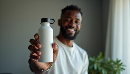 Aufkleber - African-American man showcasing branded water bottle mockup on neutral background