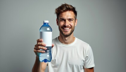 Aufkleber - European man holding water bottle mockup on neutral background