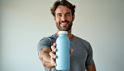 Aufkleber - Athletic European man showcasing water bottle mockup on neutral background