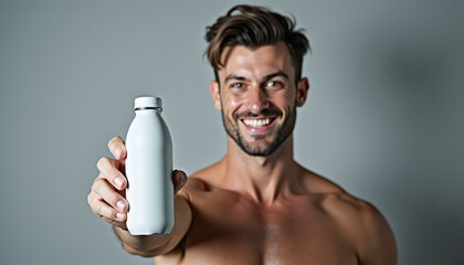 Aufkleber - Athletic European man showcasing water bottle mockup on neutral background