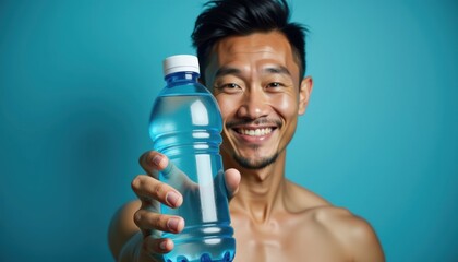 Aufkleber - Athletic Asian man showcasing water bottle mockup on bold blue background
