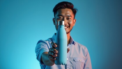 Aufkleber - Asian man showcasing branded water bottle mockup on blue-toned background