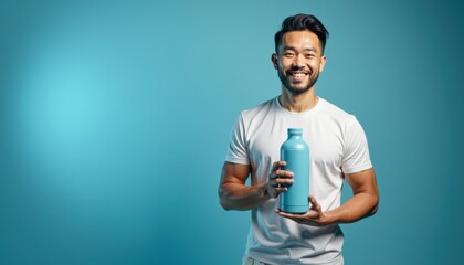 Aufkleber - Asian man in activewear presenting water bottle mockup on blue backdrop
