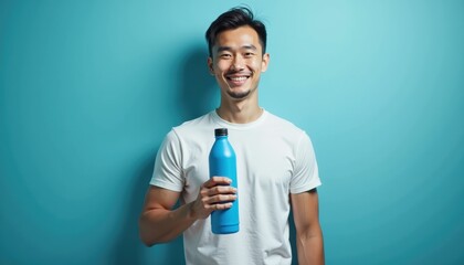 Aufkleber - Young Asian man holding water bottle mockup on vibrant blue background