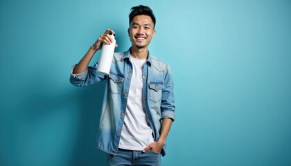 Aufkleber - Asian man in casual outfit holding water bottle mockup on blue backdrop