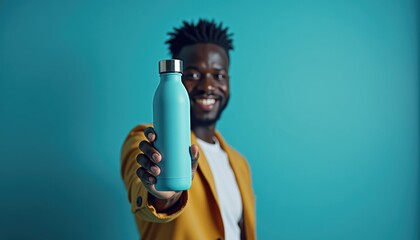Aufkleber - African-American man holding sleek water bottle mockup on blue background