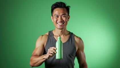 Aufkleber - Athletic Asian man showcasing water bottle mockup in studio
