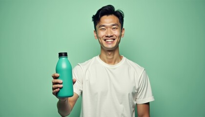 Aufkleber - Young Asian man holding water bottle mockup on light green background
