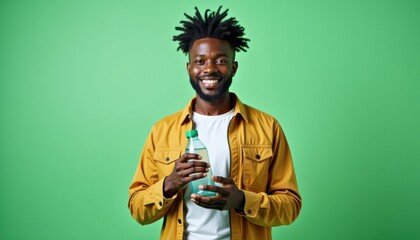 Aufkleber - African-American man holding water bottle mockup against light green background